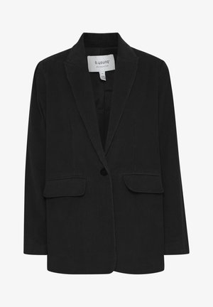 Blazer in corduroy nero con colletto a rever, chiusura a un bottone e due tasche frontali. Presenta una superficie morbida e testurizzata.