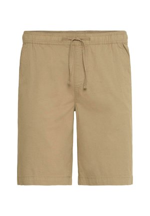Beige cotton shorts with an elastic waistband and drawstring, featuring side pockets and a straight cut, smooth texture, and folded hem.