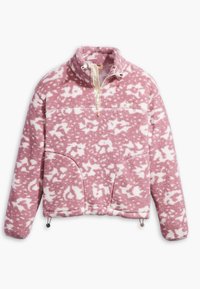 Rosa-weißer Fleece-Pullover mit hohem Kragen, halblangem Reißverschluss vorne und Kängurutasche. Verfügt über ein weiches, strukturiertes Muster.