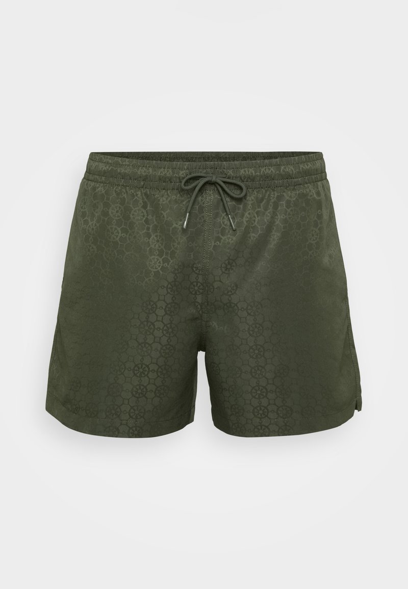 Shorts de bain verts en tissu lisse, avec un motif géométrique subtil sur l'ensemble, taille élastique avec cordon de serrage pour un ajustement personnalisé.