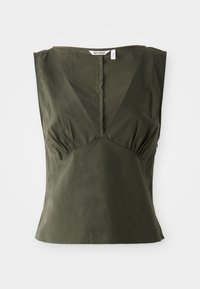 Olive green sleeveless top made of cotton, featuring a V-neckline, gathered detailing at the sides, and a straight hem.