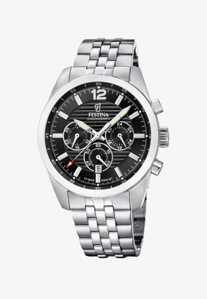 Orologio cronografo in acciaio inossidabile argento con quadrante nero, indici orari a contrasto, datario e tre sottoquadranti; cinturino testurizzato.