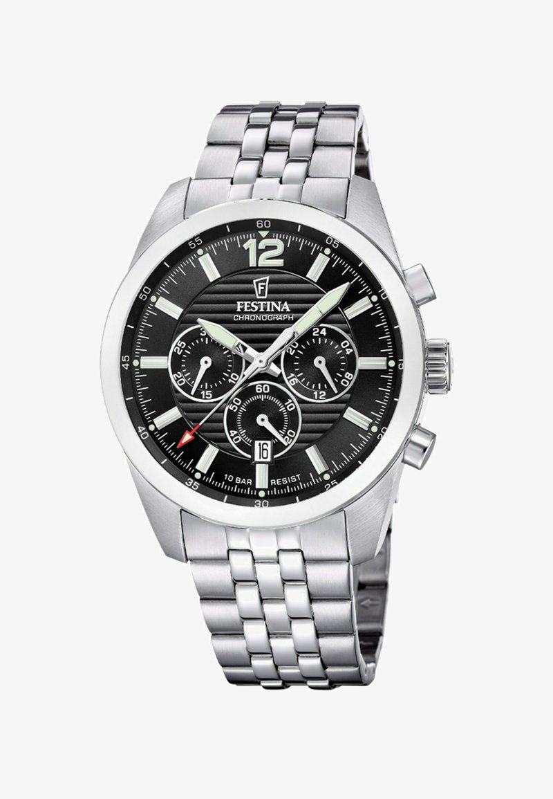 Orologio cronografo in acciaio inossidabile argento con quadrante nero, indici orari a contrasto, datario e tre sottoquadranti; cinturino testurizzato.