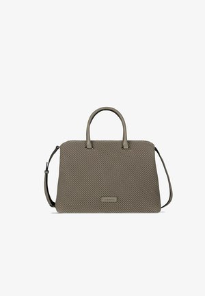 Taupe textured handbag with double handles and adjustable shoulder strap, rectangular shape, Bugatti logo plaque on front.