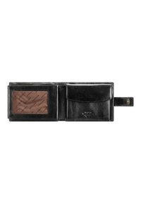 Black leather wallet featuring card slots, a clear ID window, and a snap closure. Smooth texture with subtle embossed logo detail.