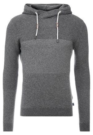 Grijze gebreide capuchontrui met lange mouwen, geribbelde manchetten en zoom, en witte trekkoorden aan de capuchon.