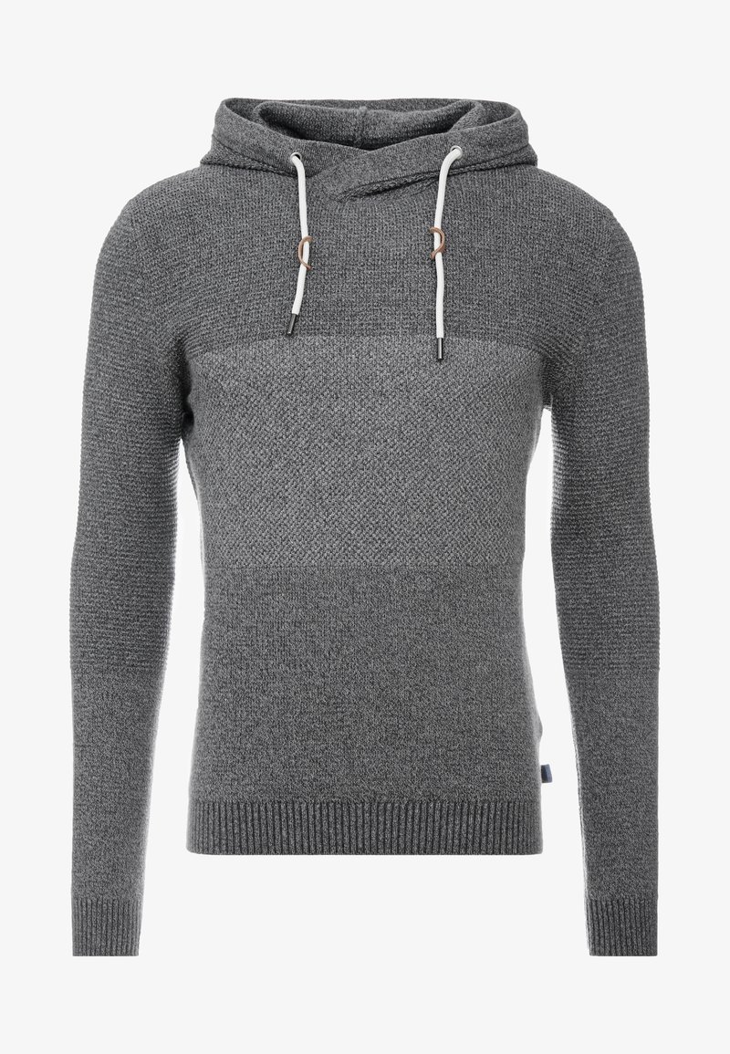 Pull gris à capuche en tricot, manches longues, poignets et ourlet côtelés, avec cordons blancs sur la capuche.