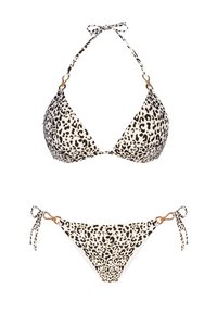 Bikini w panterkę, z trójkątnym stanikiem z wiązanymi ramiączkami i złotymi akcentami oraz dopasowanym dołem z bocznymi wiązaniami i podobnymi detalami w print.