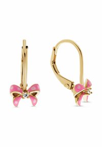 Orecchini in tono oro con fiocchi rosa smaltati, decorati con pois bianchi e pietre preziose chiare al centro. Chiusura a cerniera per una vestibilità sicura.