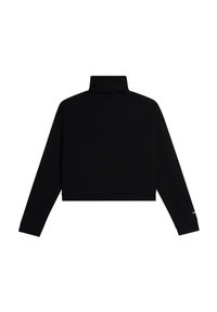 Sudadera negra de cuello alto, cropped, con mangas largas, fabricada en un tejido suave, con cuello acanalado, presentación mínima de marca en la manga, textura lisa sin patrones.