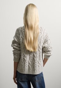 Pullover en maille gris clair avec un motif en biais, à manches longues et bas côtelé, porté avec un jean taille haute bleu. Vue de dos.