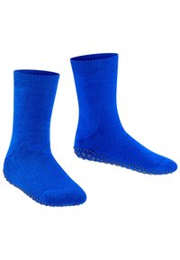 Calcetines de algodón azules con puños acanalados y puntos de agarre de goma en las suelas para tracción. Textura suave y diseño de longitud hasta el tobillo.