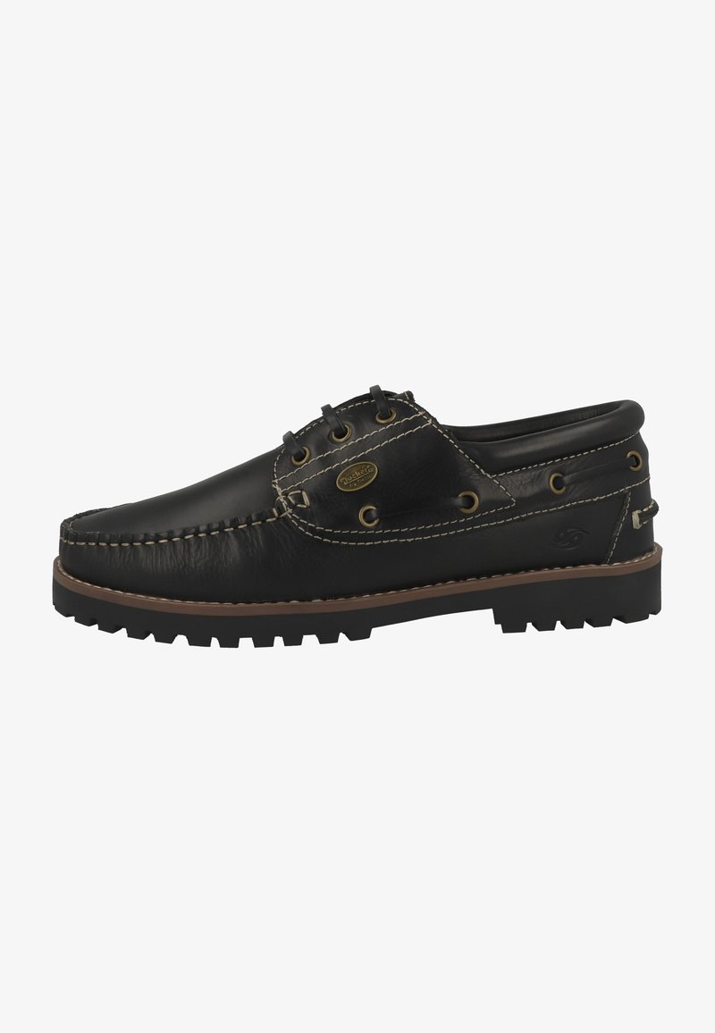 Scarpa da barca in pelle nera con punta arrotondata, design con lacci, cuciture a contrasto marroni e suola in gomma testurizzata.