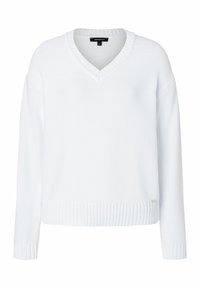 Weißer Strickpullover mit V-Ausschnitt, langen Ärmeln, geripptem Saum und Bündchen sowie einem strukturierten Muster. Größenlabel sichtbar.