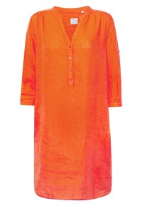 Vestito camicia in lino arancione con patta bottonata, maniche a tre quarti e una leggera lucentezza. Presenta spalle arricciate e una vestibilità rilassata.