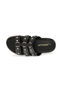 Black slide sandal with three wide straps. Features silver metal studs and circular accents. Smooth texture with a flat sole. Size 37.