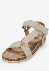 Sandal beige chiaro con cinturini in suede, dotato di suola in sughero e design regolabile. Gli accenti in metallo dorato arricchiscono l'aspetto complessivo.
