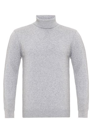Suéter de cuello alto gris hecho de tela suave, con mangas largas, cuello y puños acanalados, y un diseño de cuerpo sin costuras.