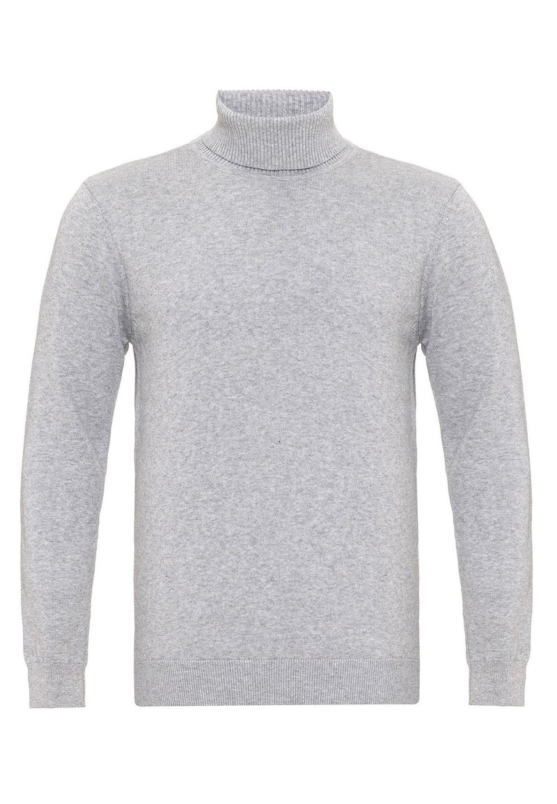 Grau turtleneck Pullover aus weichem Material, mit langen Ärmeln, geripptem Kragen und Bündchen sowie einem nahtlosen Körperdesign.