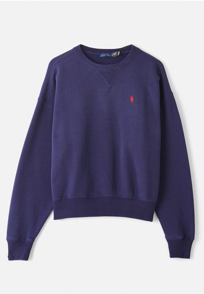 Sudadera azul marino hecha de mezcla de algodón, con puños y dobladillo acanalados, diseño de cuello en V y pequeño logo rojo en el pecho.