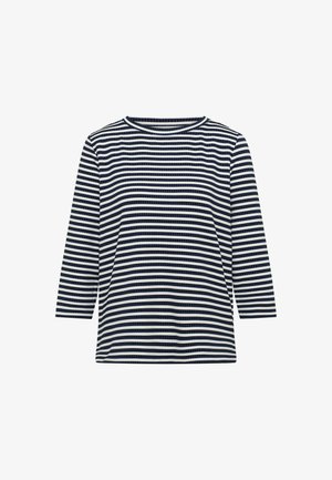 Top de manga larga a rayas en azul marino y blanco, con un cuello redondo, ajuste relajado y tejido texturizado con rayas horizontales.