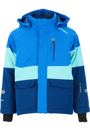 Giacca impermeabile blu e teal con cappuccio, dotata di una cerniera frontale, due tasche frontali e blocchi di colore a contrasto sul petto.