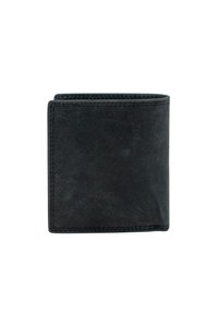 Cartera bifold de cuero negro con textura suave, costuras contrastantes y sin adornos ni herrajes visibles. Diseño rectangular compacto.