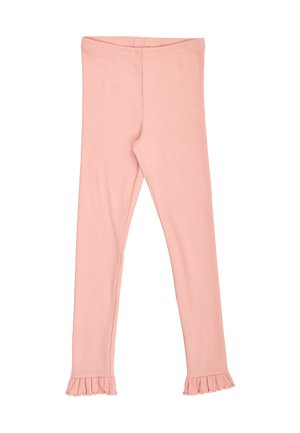 Rosa gerippte Leggings für Kinder mit elastischem Bund und kleinen Rüschendetails am Knöchelabschluss.