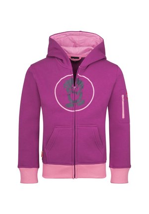 Lila und pinke Kapuzenjacke mit Reißverschluss, Fronttaschen, einer kleinen Reißverschlusstasche am Ärmel und einem runden Motiv auf der Brust.