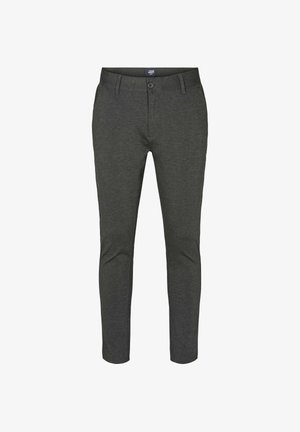 Tamsiai pilkos, lieknos vyriškos kelnės su priekiniais mygtukais ir diržo kilpelėmis, išdėliotos plokščiai ant balto fono.