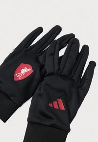 Černé výkonnostní rukavice s červeným znakem Liverpool FC a červeným logem Adidas. Vyrobené z hladkého, elastického materiálu s vroubkovanými manžetami.