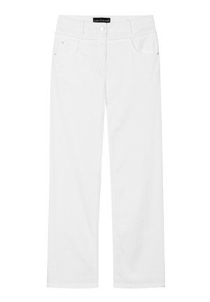 Weiße, gerade geschnittene Hose mit Taschen vorne und hinten, Knopf- und Reißverschluss sowie Luisa Cerano-Label am Bund.