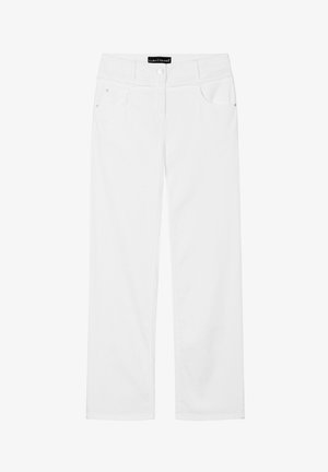 White straight-leg pants with front and back pockets, button and zip closure, and Luisa Cerano label at the waistband.