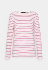 Długosleeve t-shirt wykonany z miękkiego materiału, zdobiony poziomymi różowymi i białymi paskami, z okrągłym dekoltem i regularnym krojem.