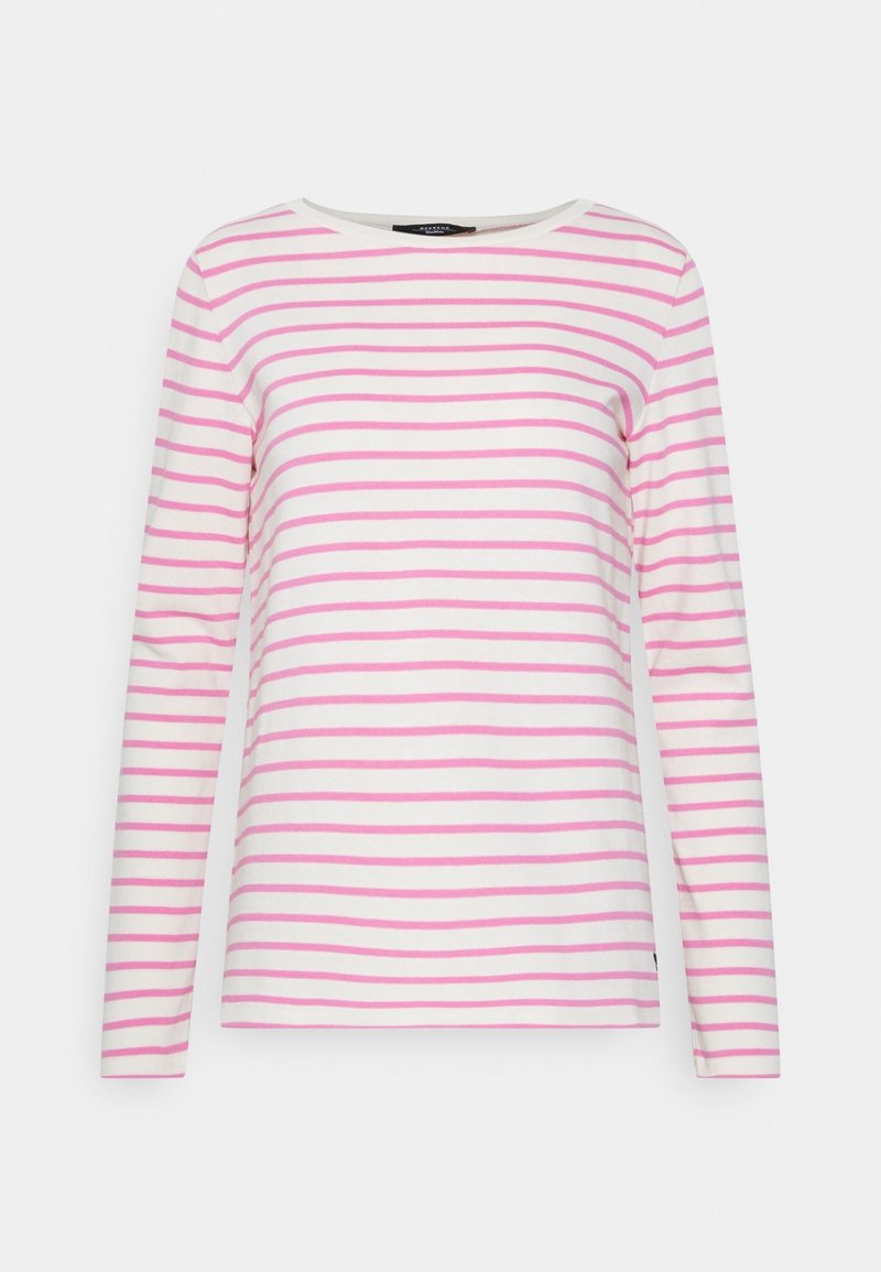 Długosleeve t-shirt wykonany z miękkiego materiału, zdobiony poziomymi różowymi i białymi paskami, z okrągłym dekoltem i regularnym krojem.