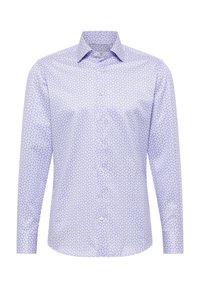 Camicia a maniche lunghe con bottoni in tessuto lilla chiaro, caratterizzata da un piccolo motivo floreale. Tessuto liscio con colletto classico e bottoni.
