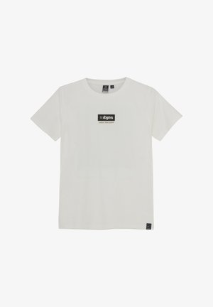 Witte katoenen T-shirt met korte mouwen, met een rechthoekig logo in zwart en beige in het midden. Eenvoudig ontwerp met ronde hals.