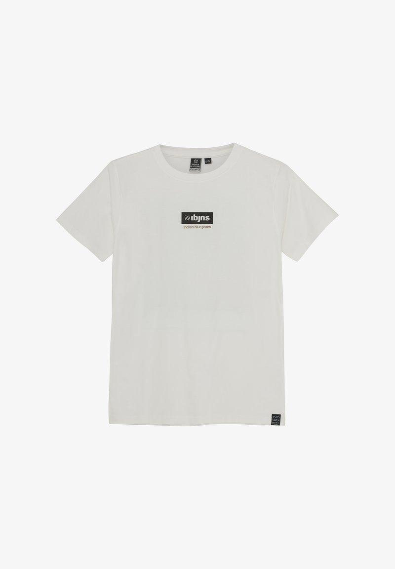 Biała bawełniana koszulka z krótkim rękawem, z prostokątnym logo w czerni i beżu na środku. Prosty krój z okrągłym dekoltem.