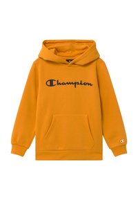 Felpa arancione con maniche lunghe, tasca frontale e logo "Champion" nero sul petto. Realizzata in tessuto morbido.