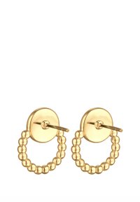 Gouden oorringen met een kralenontwerp, voorzien van een ronde schijfachterkant en een rechte poot voor een veilige draagwijze.