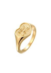Gouden ring met een hartvormige bovenkant. Het oppervlak is gestructureerd met de woorden "SELF LOVE" die prominent zijn weergegeven. Gladde band.