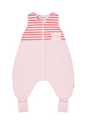 Sleeveless baby sleeping sack in pink with red and white stripes on top and a small embroidered teddy bear on the chest.