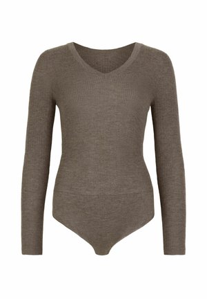 Body z długim rękawem wykonane z prążkowanego dzianiny w kolorze taupe, z dekoltem w serek i dopasowanym krojem.