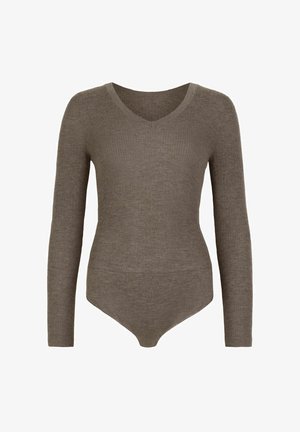 Long-sleeve, ribbed knit bodysuit in taupe with a V-neck and fitted silhouette.
