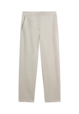 Pantaloni beige a gamba dritta con tasche laterali, davanti piatto e vita semplice, mostrati su sfondo bianco.