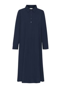Rochie de culoare albastru marin, cu guler, mâneci lungi și închidere cu nasturi. Construită dintr-un material moale, cu o siluetă lejeră și fluidă, fără modele.
