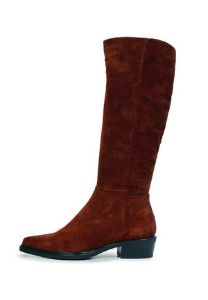 Brown suede knee-high boot with a low black block heel and rounded toe, shown from the side on a white background.