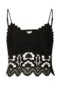 Zwart crop top met ingewikkelde floral lace details, gegolfde randen en verstelbare spaghettibandjes. Zachte textuur met gelaagd ontwerp.
