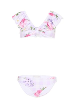 Maillot deux pièces avec motif vichy lilas et imprimé floral rose, avec bretelles à volants sur le haut.