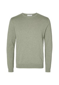 Light green crew neck sweater made of soft knit material, featuring long sleeves and ribbed cuffs and hem. Simple and minimalistic design.